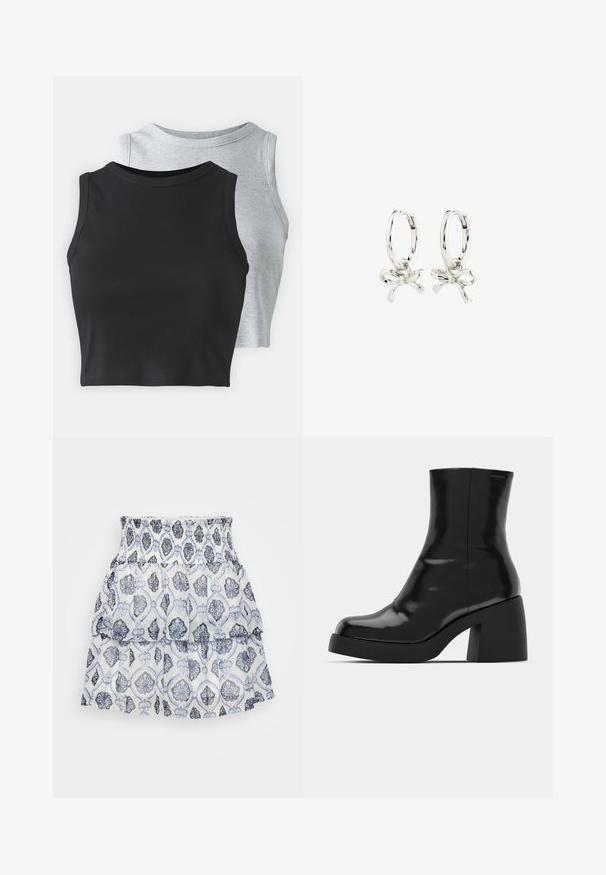 Even&Odd Petite 2 PACK - Top - light grey/black; Falda blanca de capas con un patrón floral en tonos azules y grises, con una cintura fruncida y una tela ligera y texturizada.; Botas de tobillo negras con un acabado brillante, punta cuadrada y un tacón grueso en bloque. El diseño presenta una silueta sin costuras y un minimalismo en la marca.; Pendientes de aro de plata con diseño de lazo, con un acabado suave y una textura pulida. Estilo compacto y minimalista, adecuado para diversas ocasiones.