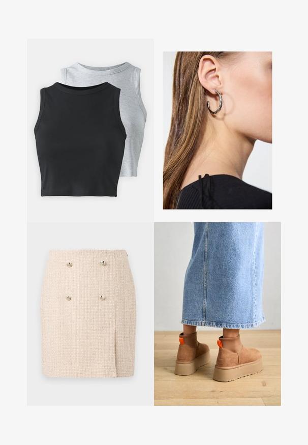 Even&Odd Petite 2 PACK - Felső - light grey/black; Beige színű, textúrált szoknya szövetmintával, elöl két hangsúlyos ezüst gombbal és enyhén aszimmetrikus szegéllyel.; Barna velúr platform csizmák elasztikus oldalsó panelekkel és narancssárga húzófülekkel, amelyek egy térdközépig érő világoskék farmer szoknyával vannak párosítva egy fás padlón.; Ez egy ezüst fülbevaló, sima felülettel, amelyen apró arany díszítőelemek találhatók. Kerek formájú és a fülcimpán viselik.