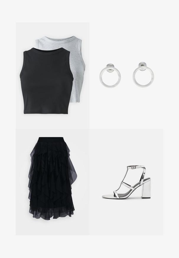 Even&Odd Petite 2 PACK - Toppi - light grey/black; Musta kerroksellinen tüllihame, jossa on leveä joustovyötärö. Suunnittelussa on riemukas kerrostus, jossa on läpikuultava viimeistely, tarjoten virtaviivaisen siluetin.; Hopeakynsiset korot sandaalit, joissa on T-nauhan muotoilu, säädettävä nilkkaketju ja lohkare korko, sekä sileä, heijastava pinta.; Hopeista valmistetut korvakorut, joissa on harjattu pinta, ympyrän muotoinen muotoilu ja kirkas varsi takana, joka takaa turvallisen käytön.