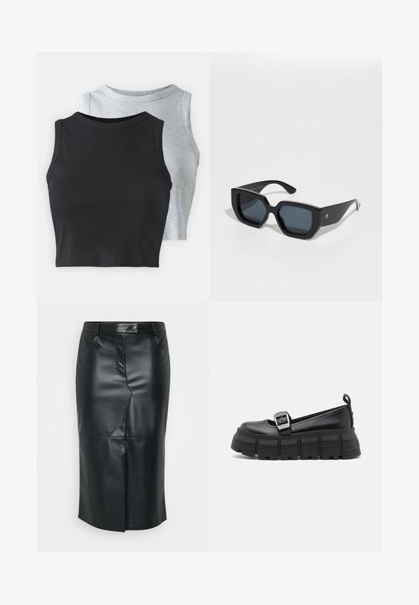 Even&Odd Petite 2 PACK - Tops - light grey/black; Melnas ādas zīmuļa svārki ar vidēja garuma griezumu, priekšējo šķelmi, pogu aizdari un smalkiem šuvumiem. Gluda, eleganta tekstūra.; Melni platforma loafers ar noapaļotu purngalu, gludu ādas virsu, regulējamu sprādzi un teksturētu gumijas zoli ar horizontālām ribām.; Melnas lielas saulesbrilles ar ģeometrisku dizainu, taisnstūrveida lēcas un spīdīgu apdari. Uz priekša nav redzama zīmola.; Sudraba metāla gredzenveida auskari ar matētu faktūru, ar apaļu dizainu un caurspīdīgu aizdari, lai nodrošinātu drošu valkāšanu.