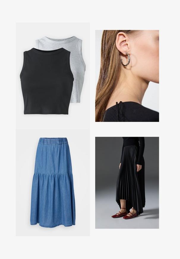 Even&Odd Petite 2 PACK - Top - light grey/black; Saia maxi de ganga com cintura elástica, design em camadas e cor azul clara. Textura suave, forma plena com bainha ampla.; Saia preta plissada com bainha assimétrica, combinada com sapatilhas vermelhas brilhantes com um design de tiras. O tecido tem uma textura suave.; Brinco de argola prateada com acabamento polido, apresentando pequenos detalhes em dourado e uma forma redonda, usado na orelha.