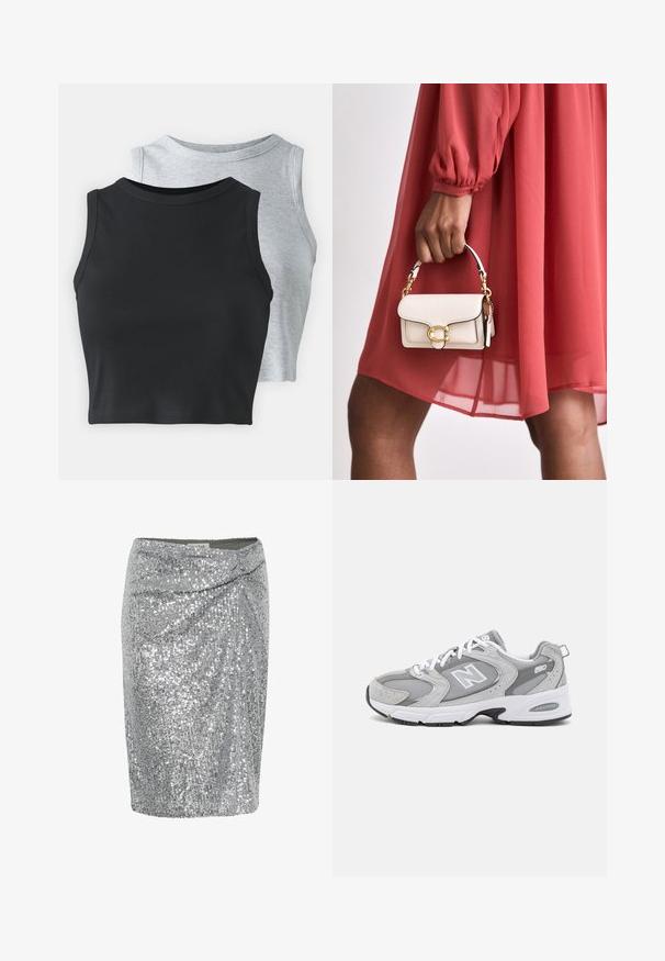 Even&Odd Petite 2 PACK - Top - light grey/black; Zilveren pailletten mini-jurk met een wikkelontwerp, met een gladde textuur en een aansluitende silhouette. Versierd met glinsterende pailletten.; Grijze sportieve schoenen met een bovenwerk van mesh en suede, witte veters en een zwarte buitenzool. Voorzien van een opvallend "N"-logo en een gevoerde kraag.; Witte leren handtas met een rechthoekige vorm, gouden hardware en een korte kettinghandgreep, vastgehouden in een hand, gecombineerd met een rode jurk.