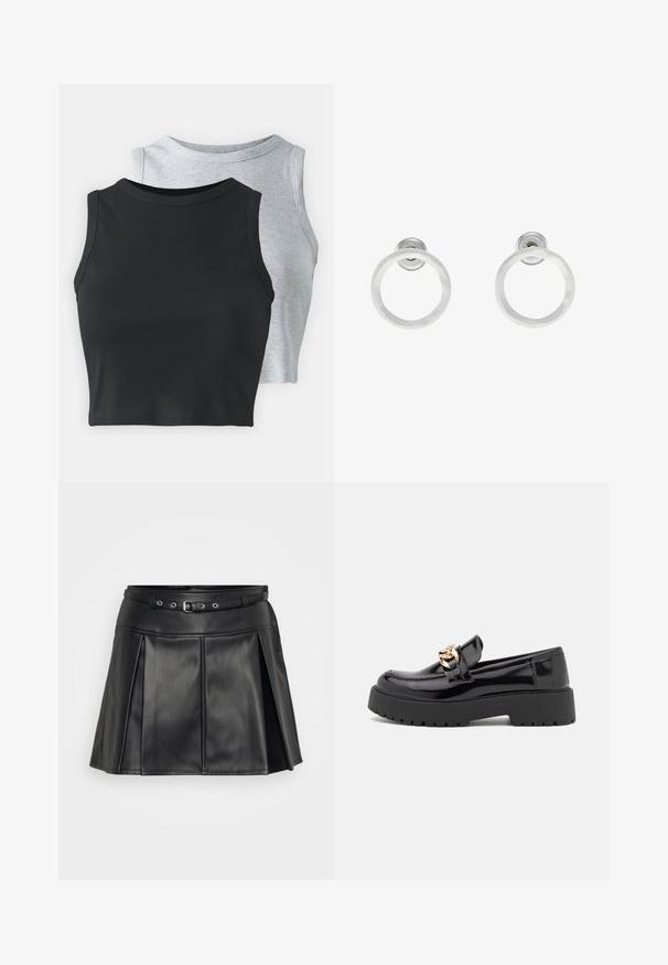 Even&Odd Petite 2 PACK - Topp - light grey/black; Must mustruhkettaga mustriga mustrikküljel. Omab sujuvat tekstuuri ja kohandatud lõiget.; Mustad musta läikiva nahaga loaferid, millel on jäme must tald ja kuldsed detailid. Sujuv tekstuur ja ümar varvaste disain.; Hõbedased metallist rõngastooted, millel on harjatud tekstuur, ümmargune disain ja selge tagumine post, tagamaks kindlat kandmist.