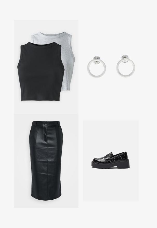 Even&Odd Petite 2 PACK - Viršus - light grey/black; Juoda odinė pieštuko sijonas su aukštu juosmeniu, nugaroje įpjova, lygaus paviršiaus ir vienu mygtuko užsegimu. Išsiskiria pritaikytu, aptemptu dizainu.; Juodi odiniai loaferiai su sidabro kuokšteliais, turintys masyvų platforminį pado dizainą ir platų dirželį per priekinę dalį. Lygi tekstūra, apvalios formos.; Sidabriniai metaliniai auskarai žiedų pavidalu su šveitimo tekstūra, turintys apvalų dizainą ir skaidrų laikiklį saugiam dėvėjimui.