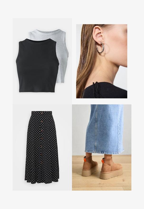 Even&Odd Petite 2 PACK - Tops - light grey/black; Melnas punktiņu svārki ar augstu jostasvietu, pogu priekšējo aizdari, līdz ceļiem, izgatavoti no auduma ar gludu tekstūru un maigu kritumu.; Brūni zamšādas platforma zābaki ar elastīgiem sānu paneļiem un oranžām cilpām, apvienoti ar līdz ceļgaliem garu gaišā denima svārku uz koka grīdas.; Sudraba auskars ar pulētu apdari, ar maziem zelta akcentiem un apaļu formu, uz ausu ļipiņas.