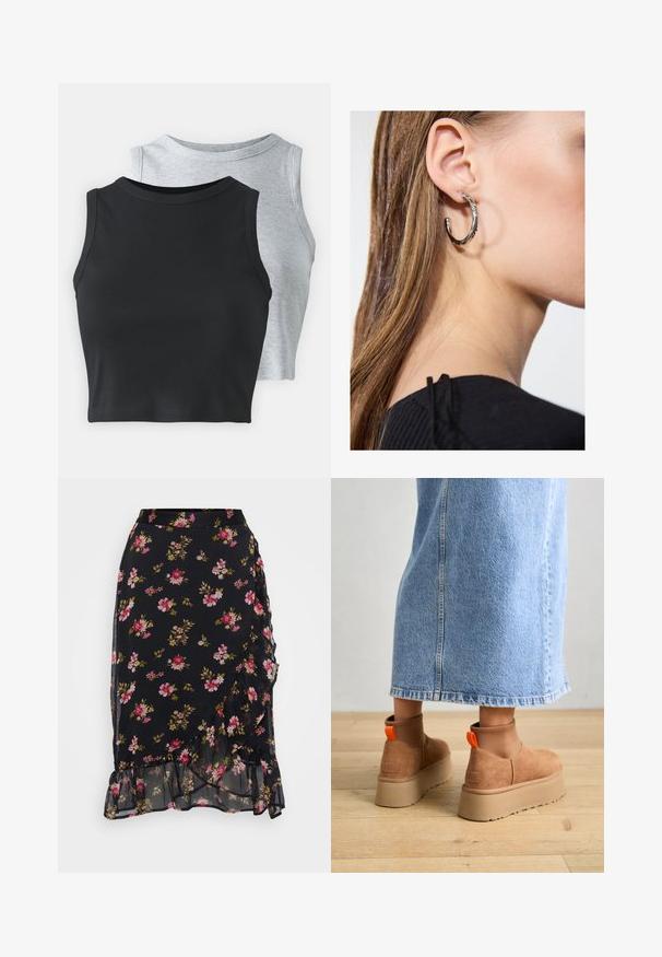 Even&Odd Petite 2 PACK - Top - light grey/black; Black floral skirt with pink and green flower patterns, ruffled hem, and layered design made of lightweight, sheer fabric.; Brown suede platform boots with elastic side panels and orange pull tabs, paired with a knee-length light denim skirt on a wooden floor.; Silver hoop earring with a polished finish, featuring small gold accent details and a round shape, worn on the lobe.