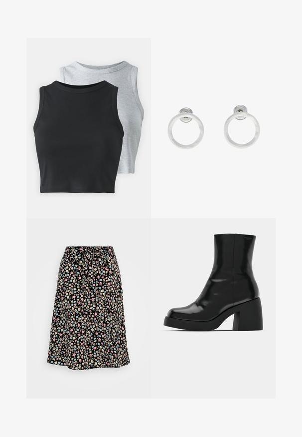 Even&Odd Petite 2 PACK - Toppi - light grey/black; Kukallinen midihame mustalla taustalla, jossa on pieniä vaaleanpunaisia, sinisiä ja beigejä kukkia. Venyvä vyötärö ja sidontayksityiskohta, ilmava muotoilu.; Mustat nilkkurit, joissa on kiiltävä pinta, neliön muotoinen kärki ja paksu lohkoheel. Muotoilussa on saumatonta siluettia ja vähäistä brändäystä.; Hopeista valmistetut korvakorut, joissa on harjattu pinta, ympyrän muotoinen muotoilu ja kirkas varsi takana, joka takaa turvallisen käytön.