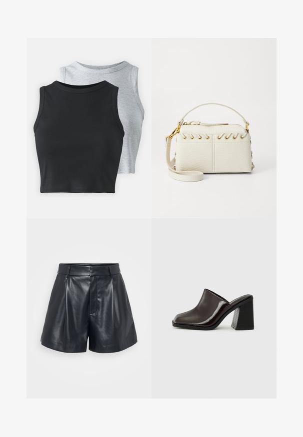 Even&Odd Petite 2 PACK - Tops - light grey/black; Melnas ādas šorti ar gludu tekstūru, piegriezumu, krokotām priekšpuses daļām un jostu cilpām; papildus ar slēptu rāvējslēdzēja kabatu sānos.; Tumši burgundijas ādas mūlīši ar kvadrātveida purngalu, spīguļojošu apdari un masīvu, teksturētu melnu augsto papēdi. Vienkāršs dizains, ērti uzvelkams.; Baltā mākslīgā āda somiņa ar augšējo rāvējslēdzēju, īsu rokturi un noņemamu krūšu siksnu ar zelta krāsas aksesuāriem. Sānu diegu detaļa.; Sudraba auskars ar pulētu apdari, ar maziem zelta akcentiem un apaļu formu, uz ausu ļipiņas.