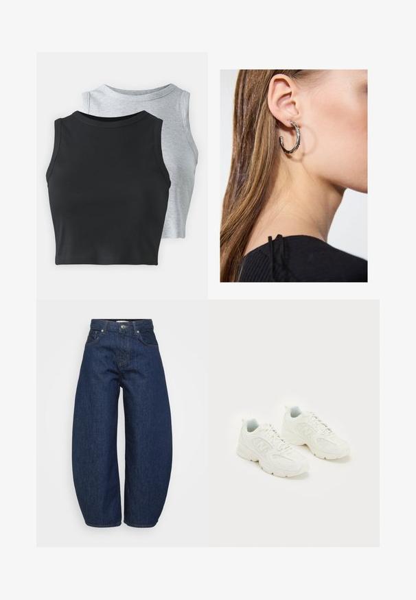 Even&Odd Petite 2 PACK - Topp - light grey/black; Tumesinised teksapüksid laiade, lõdvalt istuvate lõigetega. Varustatud luku ja nelja taskuga ning kontrastse õmblusega õmbluste ääres.; Valged spordijalatsid, millel on võrkpaneelid ja siledast nahast detailid, sisselõiked, ümar nina ning valge kummist tald, millel on logo.; Hõbedane rõngas kõrvarõngas poleeritud viimistlusega, millel on väikesed kuldsed aktsendid ja ümmargune kuju, kantud lobus.