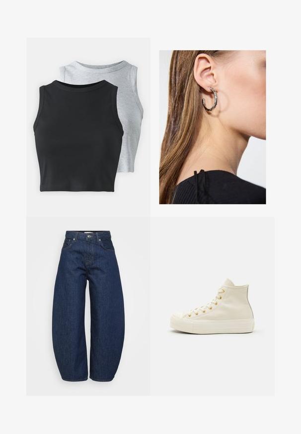 Even&Odd Petite 2 PACK - Top - light grey/black; Jeans de ganga azul escura de cintura alta, com pernas largas, fecho frontal por botão e zipper, e design clássico de cinco bolsos.; Sapatilhas altas feitas de couro creme com ilhós dourados e um acabamento texturizado. Apresentam uma sola de borracha e um bico arredondado.; Brinco de argola prateada com acabamento polido, apresentando pequenos detalhes em dourado e uma forma redonda, usado na orelha.