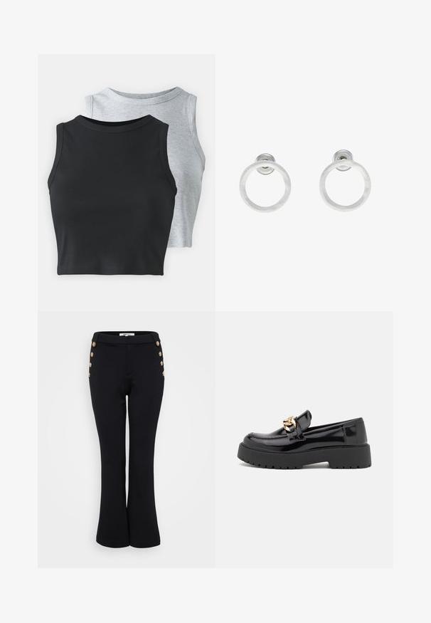 Even&Odd Petite 2 PACK - Top - light grey/black; Crne široke hlače od glatkog materijala, s zlatnim gumbima uz struk kao detaljem i prilagođenim siluetom.; Crne lakirane kožne mokasine sa debelim crnim potplatom i detaljima od zlata. Glatka tekstura i dizajn okruglog vrha.; Srebrne metalne naušnice u obliku prstena s brušenom teksturom, s kružnim dizajnom i prozirnom vrstom kopče za sigurno nošenje.
