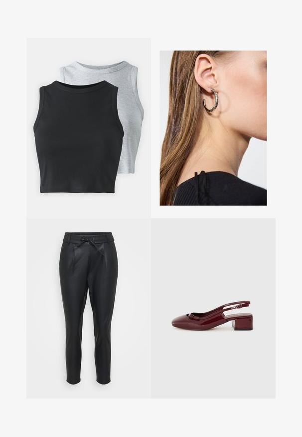 Even&Odd Petite 2 PACK - Top - light grey/black; Schwarze, kunstlederne Hose mit elastischem Bund, Vorderfalten und Kordelzugverschluss. Schmal zulaufende Passform mit glatter Textur.; Burgunderfarbene, lackierte Slingback-Schuhe mit quadratischer Spitze, kleinem Blockabsatz und einem dekorativen Schleifendetail am vorderen Riemen.; Silberne Creolen mit polierter Oberfläche, die kleine goldene Akzentdetails und eine runde Form aufweisen, am Ohrläppchen getragen.