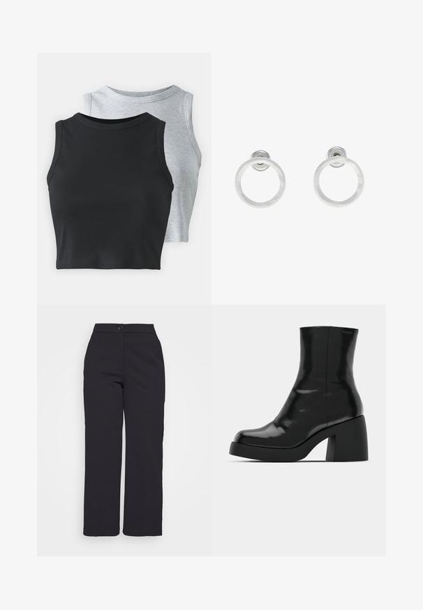 Even&Odd Petite 2 PACK - Top - light grey/black; Pantalones de pierna ancha negros, confeccionados en una tela suave, con cierre de botón y un diseño limpio y ajustado, sin bolsillos visibles.; Botas de tobillo negras con un acabado brillante, punta cuadrada y un tacón grueso en bloque. El diseño presenta una silueta sin costuras y un minimalismo en la marca.; Pendientes de aro de metal plateado con una textura cepillada, que presentan un diseño circular y un respaldo transparente para un uso seguro.