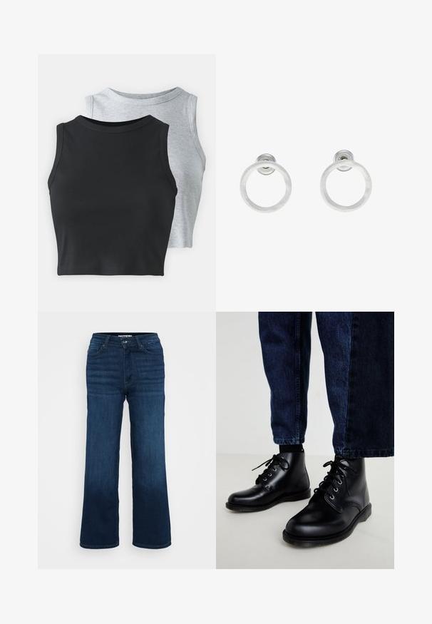 Even&Odd Petite 2 PACK - Tops - light grey/black; ONLY Petite ONLMADISON BLUSH WIDE - Džinsi ar platām starām - dark blue denim; Melnas ādas potītes zābaki ar apaļiem purngaliem, ar auklām un metāla acīm. Valkāti ar tumši zilām džinsu biksēm, ar taisna griezuma formu.; Sudraba metāla gredzenveida auskari ar matētu faktūru, ar apaļu dizainu un caurspīdīgu aizdari, lai nodrošinātu drošu valkāšanu.