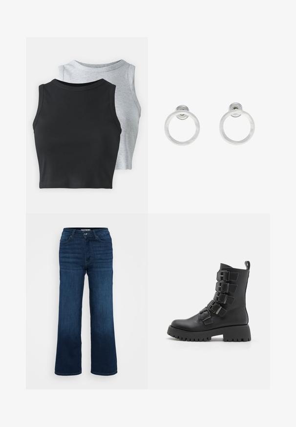 Even&Odd Petite 2 PACK - Top - light grey/black; ONLY Petite ONLMADISON BLUSH WIDE - Wide leg - dark blue denim; Černé kožené kotníkové boty s několika kovovými přezkami, silnou platformou a poutkem vzadu.; Stříbrné kovové kruhové náušnice s broušenou texturní úpravou, s kulatým designem a průhledným záznamem pro bezpečné nošení.
