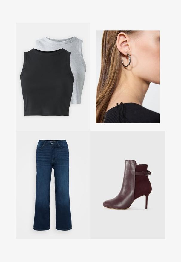 Even&Odd Petite 2 PACK - Top - light grey/black; ONLY Petite ONLMADISON BLUSH WIDE - Wide Leg - dark blue denim; Burgunderfarbener Knöchelstiefel mit einer eleganten Lederoberfläche und einem weichen Wildlederpaneel, ausgestattet mit einem hohen Stiletto-Absatz und einem Schleifenakzent auf der Rückseite.; Silberne Creolen mit polierter Oberfläche, die kleine goldene Akzentdetails und eine runde Form aufweisen, am Ohrläppchen getragen.