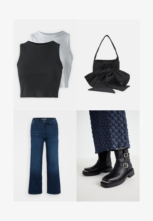 Even&Odd Petite 2 PACK - Topp - light grey/black; ONLY Petite ONLMADISON BLUSH WIDE - Wide leg - dark blue denim; Mustad mustad nahast pahkluu saapad kahekordsete sillustega, tekstuuriga viimistlus, ruudukujulised ninad ja tugeva kummitaldadega. Märkimisväärsed hõbedased aksessuaarid.; Must mustrunn taaskotist must mustsuudmuus, ümmargune kuju, tekstureeritud pind väikeste mustritega ja üks õhuke käepide.; Hõbedased metallist rõngastooted, millel on harjatud tekstuur, ümmargune disain ja selge tagumine post, tagamaks kindlat kandmist.