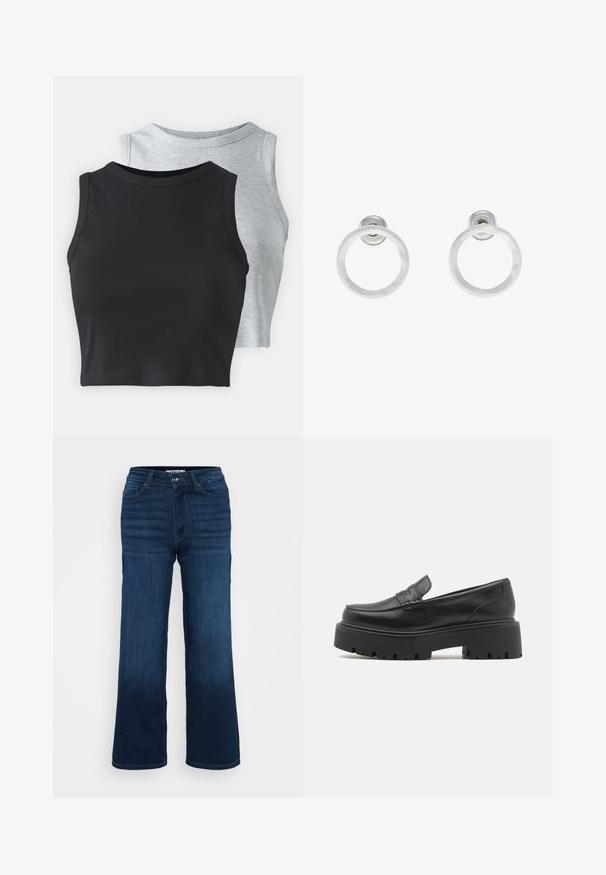 Even&Odd Petite 2 PACK - Top - light grey/black; ONLY Petite ONLMADISON BLUSH WIDE - Široke nogavice - dark blue denim; Crne kožne mokasine s niskim, debelim gumenim potplatom, šivanim detaljima na gornjem dijelu i glatkom teksturom.; Srebrne metalne naušnice u obliku prstena s brušenom teksturom, s kružnim dizajnom i prozirnom vrstom kopče za sigurno nošenje.