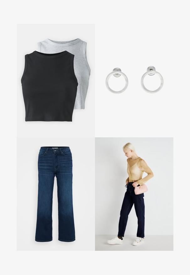 Even&Odd Petite 2 PACK - Top - light grey/black; ONLY Petite ONLMADISON BLUSH WIDE - Široké nohavice - dark blue denim; Priesvitný zlatý top s dlhým rukávom skombinovaný s tmavomodrými džínsami rovného strihu. Nesie malú ružovú prešívanú kabelku s retiazkou a biele tenisky.; Strieborné kovové náušnice vo forme kruhov s brúsenou textúrou, so zaobleným dizajnom a priehľadným zarážkou pre bezpečné nosenie.