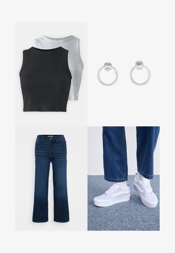 Even&Odd Petite 2 PACK - Top - light grey/black; ONLY Petite ONLMADISON BLUSH WIDE - Wide leg - dark blue denim; Lys lilla ruskinds sneakers med hvide accenter, flade snørebånd og en tyk hvid sål, båret med lyse sokker og løse denimbukser.; Sølvmetalløreringe med en børstet tekstur, der har et cirkulært design og en klar post til sikker bæring.