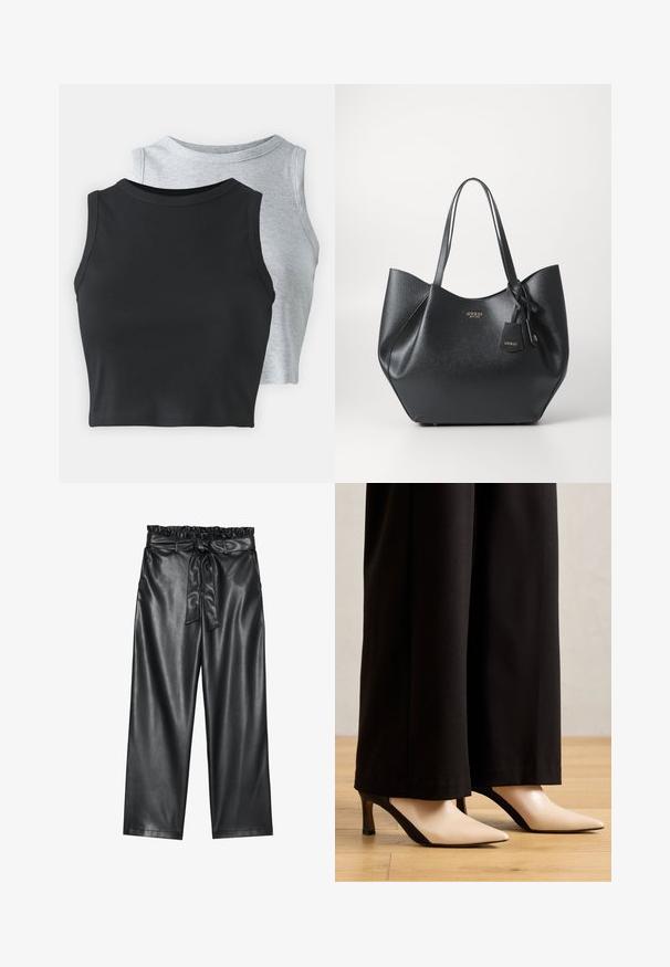 Even&Odd Petite 2 PACK - Top - light grey/black; Černé kalhoty z umělé kůže s širokými nohavicemi, elastickým volánkovým pasem a odnímatelným opaskem s mašlí. Hladká textura a minimální lesk.; Béžové a černé lodičky s špičatou špičkou a elegantním designem, se zvýrazňující barevnou blokací a malým, robustním podpatkem.; Černá taška přes rameno vyrobená z texturovaného syntetického materiálu s širokým siluetou, vybavená dvojitými uchy a detaily s logem.; Stříbrný kruhový náušník s lesklým povrchem, zdobený malými zlatými akcenty, v kulatém tvaru, nošený na lalůčku.