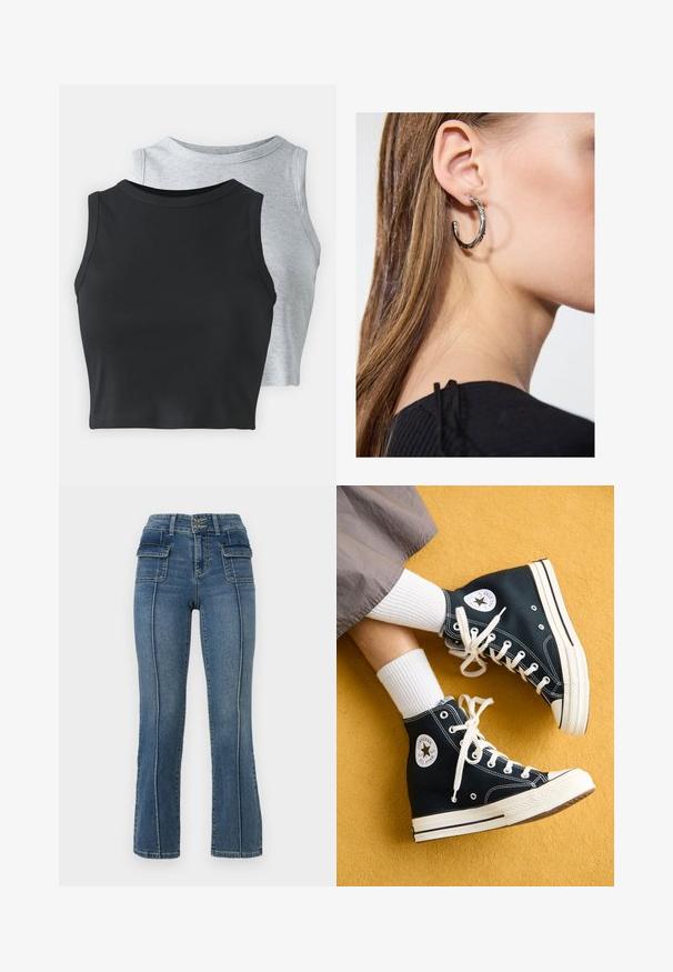 Even&Odd Petite 2 PACK - Top - light grey/black; ONLY Petite ONLWAUW MID WAIST FLARED - Flared jeans - medium blue denim; Sorte høje kanvas sneakers med hvide snørebånd og gummisåler, med et rundt Converse All Star-logo på den ydre side.; Sølv hoop ørestik med en poleret overflade, prydet med små guld accenter og en rund form, båret på øreflippen.