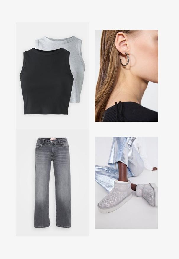 Even&Odd Petite 2 PACK - Linne - light grey/black; Grå denimjeans med rak passform, femficksdesign, subtil blekning och knappstängning i midjan.; Grå mocka ankelstövlar prydda med många skimrande rhinestones, med en vit sula och mjukt foder, i kombination med metallic silverbyxor.; Silverörhänge med polerad yta, med små detaljer i guld och rund form, bärs på loben.