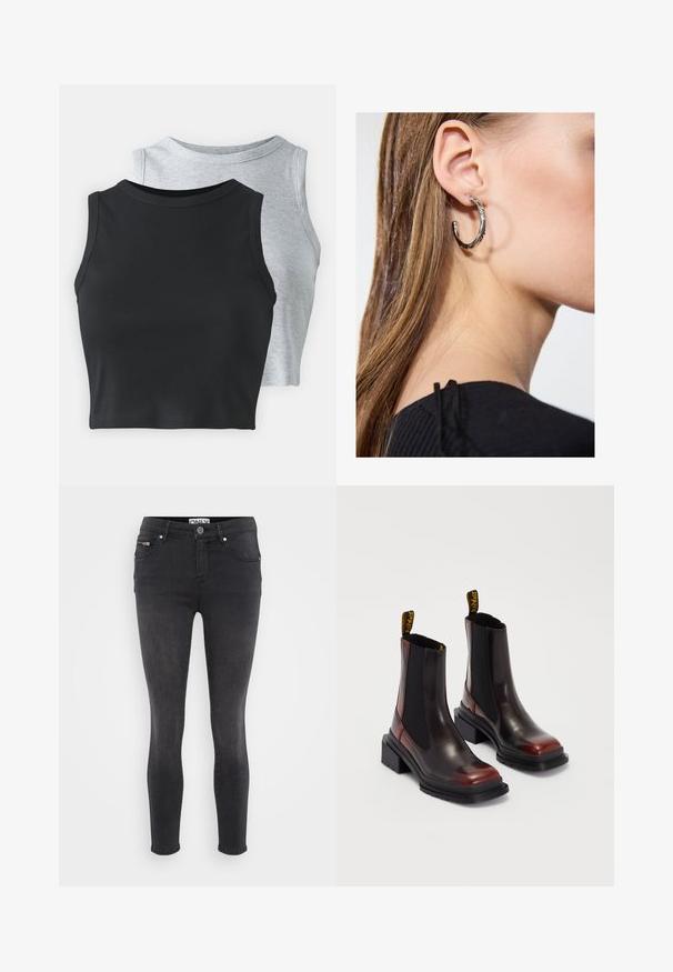 Even&Odd Petite 2 PACK - Topper - light grey/black; Sorte slim jeans laget av denim. Har en frontknappåpning og lommer med glidelås i midjen. Glatt tekstur med minimal falming.; Dr. Martens MAYBOLE CHELSEA - Platåstøvletter - black/cherry red; Sølv ringøredob med en polert finish, med små gull detaljer og en rund form, båret på øreflippen.