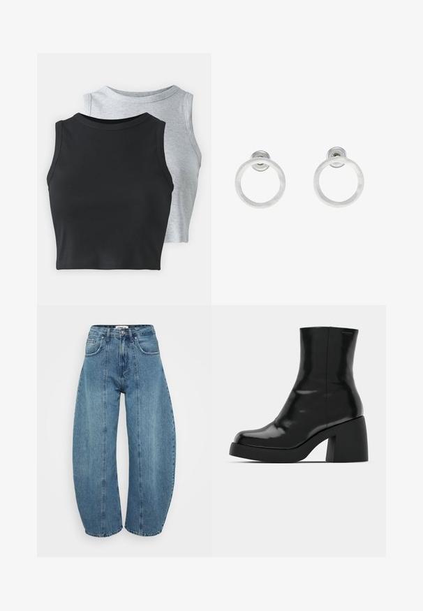 Even&Odd Petite 2 PACK - Top - light grey/black; Jeans azzurri a vita alta realizzati in denim, con una silhouette ampia, cinque tasche e dettagli di cucitura. Texture liscia con un finish pulito.; Stivali neri alla caviglia con finitura lucida, punta quadrata e tacco a blocco spesso. Il design presenta una silhouette senza cuciture e un branding minimale.; Orecchini a cerchio in metallo argento con finitura spazzolata, caratterizzati da un design circolare e un gancio trasparente sul retro per una vestibilità sicura.