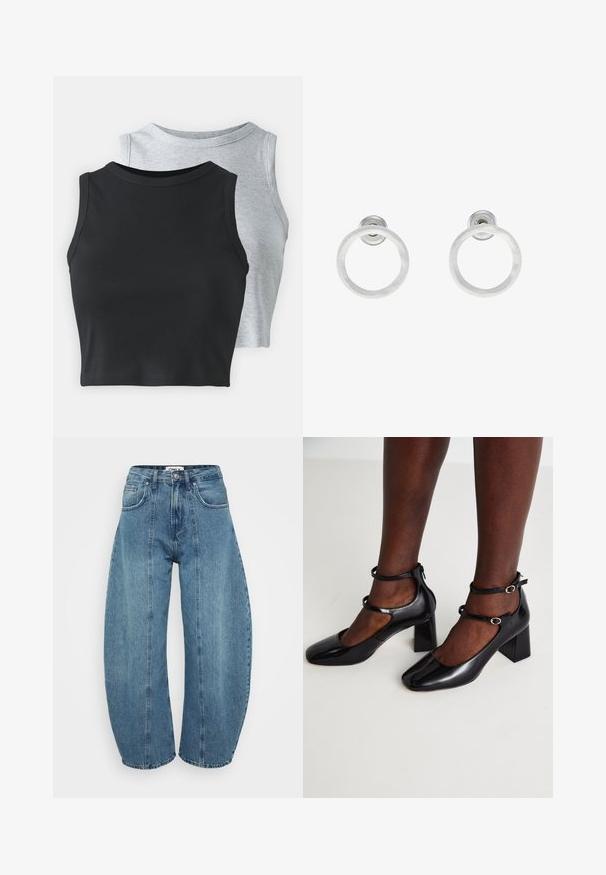 Even&Odd Petite 2 PACK - Top - light grey/black; Svetlomodré vysoké džínsy z denimu, s širokým strihom, piatimi vreckami a detailmi šitia. Hladká textúra s čistým povrchom.; ALDO KAERI - Klasické lodičky na opätku - black; Strieborné kovové náušnice vo forme kruhov s brúsenou textúrou, so zaobleným dizajnom a priehľadným zarážkou pre bezpečné nosenie.