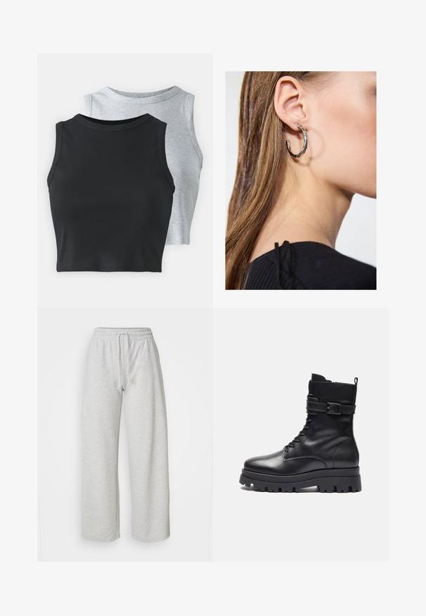 Even&Odd Petite 2 PACK - Top - light grey/black; Even&Odd Petite Pantaloni sportivi - mottled light grey; Stivale alla caviglia in pelle nera con punta rotonda, chiusura con lacci frontale, dettaglio con fibbia sul lato e suola in gomma spessa.; Orecchino a cerchio in argento con finitura lucida, caratterizzato da piccoli dettagli in oro e una forma tondeggiante, indossato sul lobo.