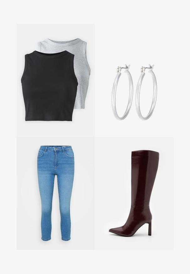 Even&Odd Petite 2 PACK - Top - light grey/black; Svijetloplave traperice s uskim krojem, srednjim strukom, dizajnom s pet džepova i blagim izbljeđivanjem sprijeda, završene s kopčanjem na dugme.; Even&Odd Čizme - dark red; Srebrne kružne naušnice s glatkom, poliranom površinom. Okrugli oblik i sigurno kopčanje na klik. Lagani dizajn pogodan za svakodnevno nošenje.