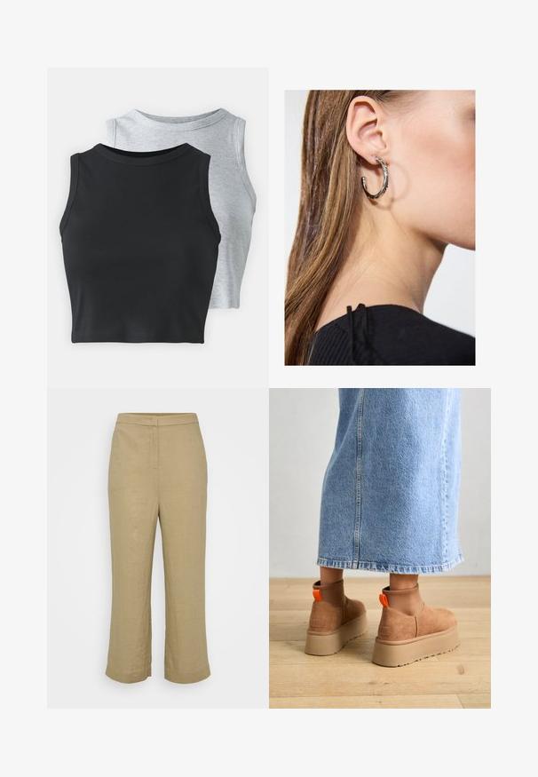 Even&Odd Petite 2 PACK - Top - light grey/black; Pantaloni in lino beige con taglio dritto, caratterizzati da una vita medio-alta, cuciture sottili e gambe ampie e corte. Tessuto liscio, senza motivi visibili.; Stivali platform in suede marrone con pannelli laterali elastici e linguette arancioni, abbinati a una gonna di jeans chiara, lunga fino al ginocchio, su un pavimento di legno.; Orecchino a cerchio in argento con finitura lucida, caratterizzato da piccoli dettagli in oro e una forma tondeggiante, indossato sul lobo.