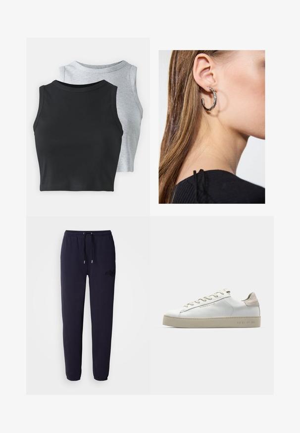 Even&Odd Petite - Top; Granatowe dresy z miękkiego materiału, z elastycznym pasem w talii ze sznurkiem oraz haftowanym logo na jednej nogawce.; Białe skórzane sneakersy o gładkim wykończeniu, beżowe zamszowe akcenty, okrągły czubek, płaski system wiązania i teksturowana gumowa podeszwa.; Srebrny kolczyk w kształcie koła z polerowanym wykończeniem, z małymi złotymi akcentami, noszony na płatku ucha.