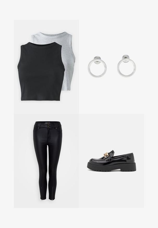 Even&Odd Petite 2 PACK - Tops - light grey/black; Melnas šauras džinsus ar spīdīgu mākslīgā ādas apdari, diviem priekšējiem kabatām, dubultu pogu aizdari un potītes rāvējslēdzējiem detaļām.; Melni lakoti mokasīni ar masīvu melnu zoli un zelta aksesuāriem. Gluda tekstūra un noapaļota purngala dizains.; Sudraba metāla gredzenveida auskari ar matētu faktūru, ar apaļu dizainu un caurspīdīgu aizdari, lai nodrošinātu drošu valkāšanu.