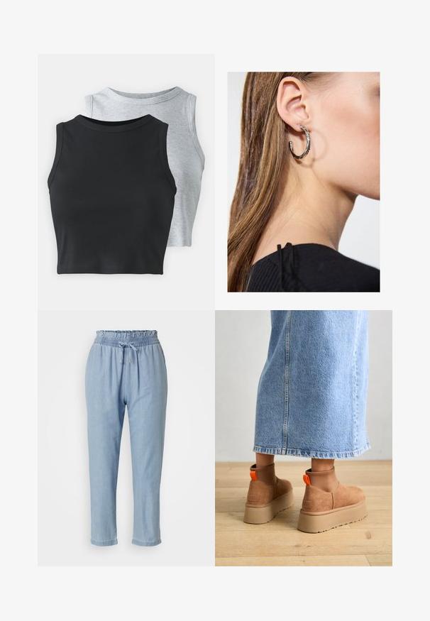 Even&Odd Petite 2 PACK - Top - light grey/black; Pantaloni dintr-un amestec de in ușor, de culoare albastru deschis, cu talie elastica și șnur, cu picior conic și detaliu de tiv răsucit.; Botine maro din suede cu platformă, cu panouri elastice pe laterale și mânere portocalii, asortate cu o fustă din denim deschis până la genunchi, pe un podea din lemn.; Cercel din argint cu un finisaj polișat, având detalii mici din aur și o formă rotundă, purtat pe lobul urechii.