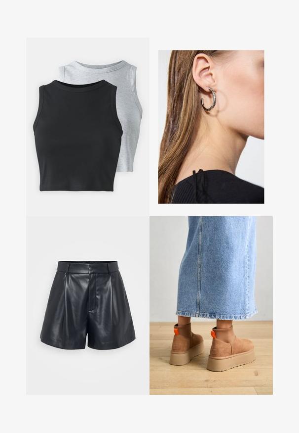 Even&Odd Petite 2 PACK - Top - light grey/black; Pantaloni scurți din piele neagră cu o textură netedă, design croit, față pliată și bucle pentru bradă; prezintă un buzunar cu fermoar ascuns pe lateral.; Botine maro din suede cu platformă, cu panouri elastice pe laterale și mânere portocalii, asortate cu o fustă din denim deschis până la genunchi, pe un podea din lemn.; Cercel din argint cu un finisaj polișat, având detalii mici din aur și o formă rotundă, purtat pe lobul urechii.