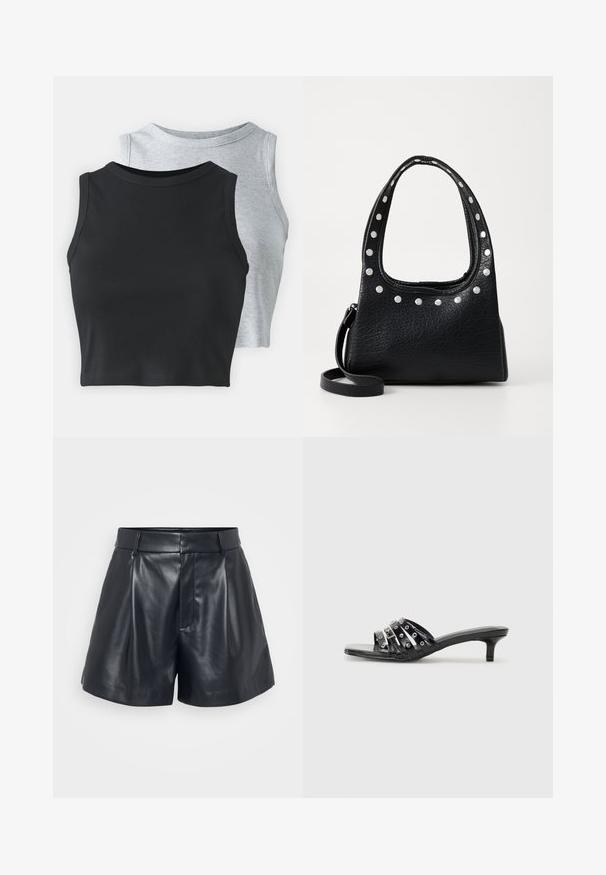 Even&Odd Petite 2 PACK - Top - light grey/black; Crne kožne šortse s glatkom teksturom, krojem po mjeri, nabranim prednjim dijelom i petljama za remen; imaju skriveni zatvarač na bočnoj strani.; Crne sandale s visokom potpeticom s više sjajnih remena i metalnim detaljima, s uskim vrhom i skromnim kitten potpeticama. Glatka tekstura.; Crna teksturirana kožna torba s srebrnim zakovicama duž gornjeg ruba i ručki, s kratkom ručkom i odvojivim remenom.; Srebrna kružna naušnica s poliranim završetkom, koja ima male zlatne detalje i okrugli oblik, nošena na uhu.