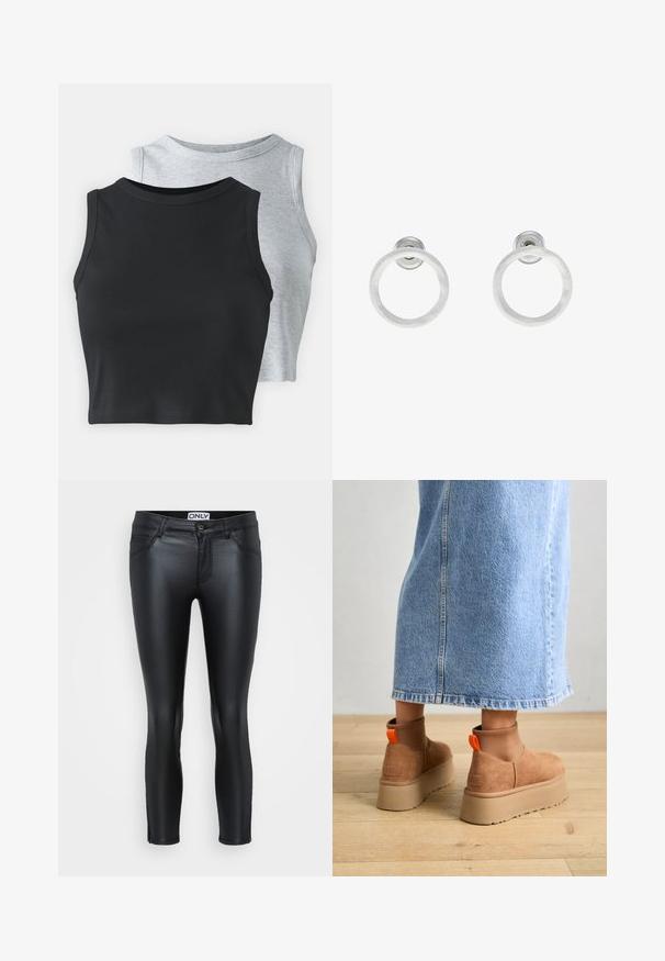 Even&Odd Petite 2 PACK - Top - light grey/black; Črne legice iz sijočega materiala, z oprijetim dizajnom, petimi žepi, šivanimi detajli in zapiranjem na sprednji gumb.; Rjave suede platform čizme z elastičnimi stranskimi paneli in oranžnimi zankami, v kombinaciji s svetlobno denim krilom do kolen na lesenem tleh.; Srebrni kovinski obročasti uhani z brušenjem, s krožno obliko in prozornim zatičem za varno nošenje.