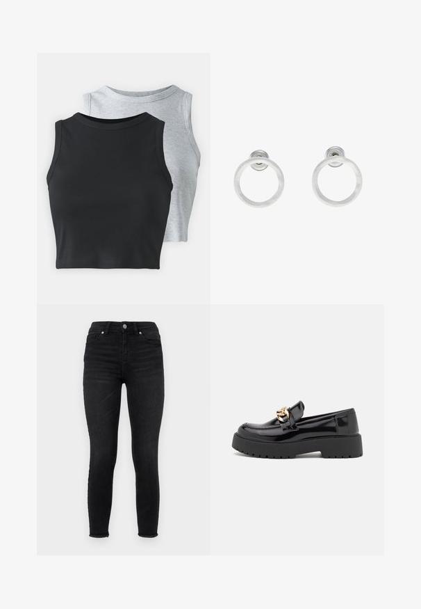 Even&Odd Petite 2 PACK - Tops - light grey/black; Melni skinny džinsi no denima, ar augstu vidukli, priekšējām kabatām un saplēstu apakšmalu. Gluda tekstūra ar klasisku piecu kabatu dizainu.; Melni lakoti mokasīni ar masīvu melnu zoli un zelta aksesuāriem. Gluda tekstūra un noapaļota purngala dizains.; Sudraba metāla gredzenveida auskari ar matētu faktūru, ar apaļu dizainu un caurspīdīgu aizdari, lai nodrošinātu drošu valkāšanu.