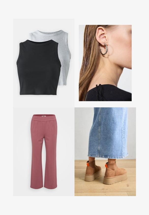 Even&Odd Petite 2 PACK - Top - light grey/black; Priliehavé, ľahké nohavice v jemnej ružovej farbe. Majú elastický pás a široké, rovné nohy. Mäkká tkanina bez viditeľných vzorov.; Hnedé zamskové platformové čižmy s elastickými bočnými panelmi a oranžovými ťahákmi, v kombinácii s sukňou z ľahkého denimu po kolená, na drevenej podlahe.; Strieborná kruhová náušnica s lesklým povrchom, obsahujúca malé zlaté akcenty a okrúhly tvar, nosená na lalôčiku ucha.