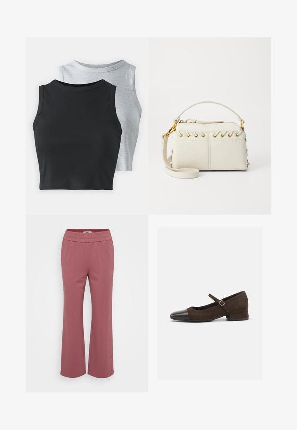 Even&Odd Petite 2 PACK - Felső - light grey/black; Feszes, könnyű nadrág poros rózsaszín színben. Rugalmas derékpánttal és széles, egyenes lábakkal rendelkezik. Puha anyag, amelyen nincsenek látható minták.; Barna velúr Mary Jane cipő fekete lakk bőrből készült orr résszel, állítható pánttal és alacsony blokk sarkával. Simább textúra minimális díszítésekkel.; Fehér műbőr kézi táska, felső cipzárral, rövid fogantyúval és levehető keresztpántos vállpánttal, arany színű fémrészletekkel. Oldalsó fűzés részlet.; Ez egy ezüst fülbevaló, sima felülettel, amelyen apró arany díszítőelemek találhatók. Kerek formájú és a fülcimpán viselik.
