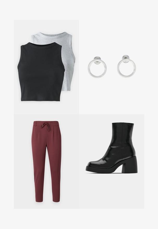 Even&Odd Petite 2 PACK - Linne - light grey/black; Burgundy byxor med elastisk midja och justerbar dragsko, avsmalnande ben och en jämn, mjuk tygtextur. Har framfickor för en skräddarsydd look.; Svarta ankelstövlar med en blank finish, fyrkantig tå och en tjock blockklack. Designen har en sömlös silhuett och minimal märkning.; Silvriga metallringörhängen med borstad yta, som har en cirkulär design och en genomskinlig stiftbaksida för säker användning.