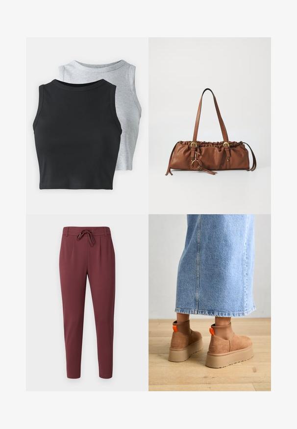 Even&Odd Petite 2 PACK - Top - light grey/black; Burgundy elastiske bukser med justerbar snøre i taljen, tapered ben og en glat, blød stofstruktur. Har frontfolder for et skræddersyet udseende.; Brune ruskinds platform støvler med elastiske sidepaneler og orange trækstropper, parret med en knælang lys denimnederdel på et trægulv.; Brun læderhåndtaske med samlet top, justerbare stropper og metalaccenter. Har en rund flettet detalje på siden.; Sølv hoop ørestik med en poleret overflade, prydet med små guld accenter og en rund form, båret på øreflippen.