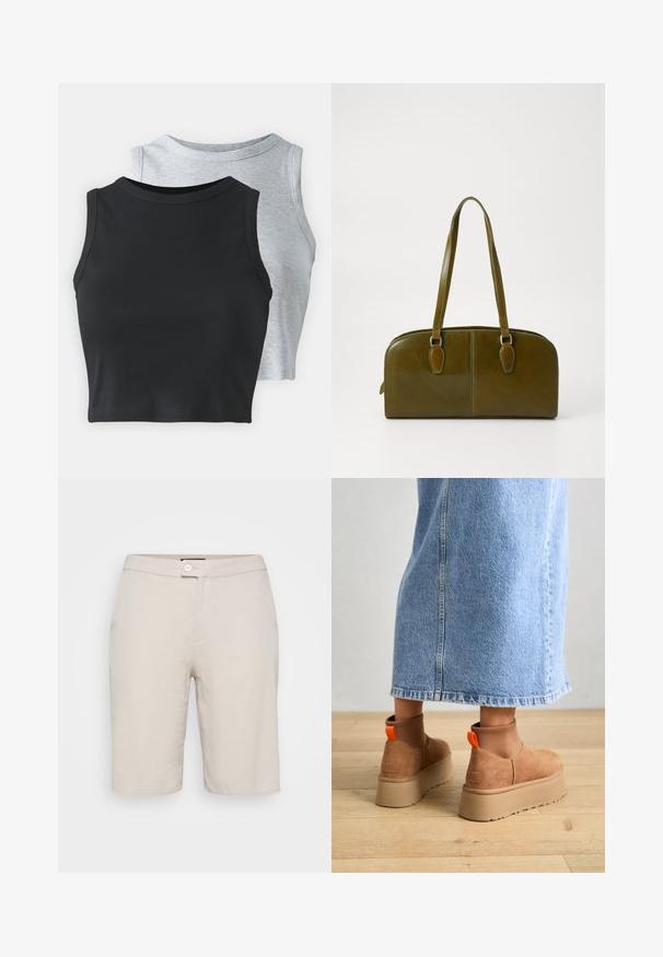 Even&Odd Petite 2 PACK - Felső - light grey/black; Beige színű pamut rövidnadrág gombos záródással, két oldalsó zsebbel és egyenes szabással. Simább textúrával és egyszerű dizájnnal rendelkezik.; Barna velúr platform csizmák elasztikus oldalsó panelekkel és narancssárga húzófülekkel, amelyek egy térdközépig érő világoskék farmer szoknyával vannak párosítva egy fás padlón.; Oliva zöld bőr kézitáska kerek formával, dupla fogantyúval és sima elülső résszel. Jellemzője a sima textúra és a diszkrét varrási részletek.; Ez egy ezüst fülbevaló, sima felülettel, amelyen apró arany díszítőelemek találhatók. Kerek formájú és a fülcimpán viselik.