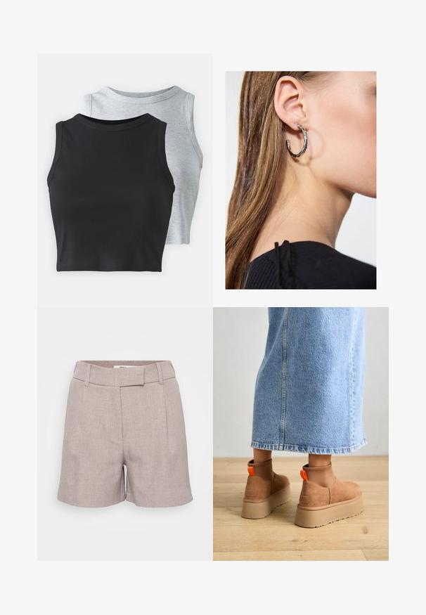 Even&Odd Petite - Top; Jasnoszare szorty lniane o teksturowanym wykończeniu, z płaskim przodem, szlufkami na pasek i bocznymi kieszeniami. Dopasowany krój z długością do kolan.; Brązowe zamszowe buty na platformie z elastycznymi bokami i pomarańczowymi uchwytami, w połączeniu z jasnoniebieską spódnicą do kolan na drewnianej podłodze.; Srebrny kolczyk w kształcie koła z polerowanym wykończeniem, z małymi złotymi akcentami, noszony na płatku ucha.