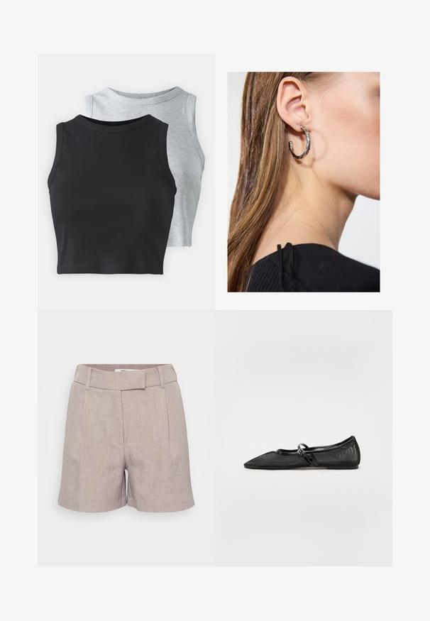 Even&Odd Petite 2 PACK - Felső - light grey/black; Világosszürke, texturált vászon short, lapos elejű, övhurkokkal és oldalsó zsebekkel. Testhez álló fazon, térdhosszú kivágással.; Fekete lapos cipő hegyes orral, hálós felsőrésszel és lakkbőr részletekkel. Finom pánttal rendelkezik, kerek fém díszítéssel.; Ez egy ezüst fülbevaló, sima felülettel, amelyen apró arany díszítőelemek találhatók. Kerek formájú és a fülcimpán viselik.