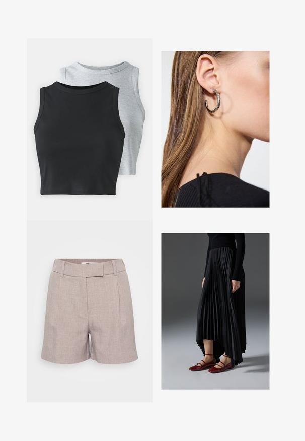 Even&Odd Petite - Top; Jasnoszare szorty lniane o teksturowanym wykończeniu, z płaskim przodem, szlufkami na pasek i bocznymi kieszeniami. Dopasowany krój z długością do kolan.; Czarna plisowana spódnica z asymetrycznym dołem, zestawiona z błyszczącymi czerwonymi balerinkami z paskiem. Tkanina ma gładką teksturę.; Srebrny kolczyk w kształcie koła z polerowanym wykończeniem, z małymi złotymi akcentami, noszony na płatku ucha.