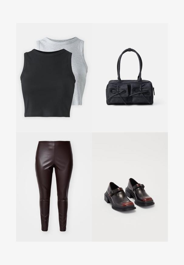 Even&Odd Petite 2 PACK - Toppi - light grey/black; Ruske faux nahkaleggingsid, millel on sile tekstuur, kehaümberpõikeline disain ja põlvetehingud, kõrge vöökoht ja kitsenevad jalgade avad.; Nahkakengät, joissa on paksut kantapää ja kiiltävä tumman burgundin sävy, varustettu solkivyöllä ja pyöreällä kärjellä. Kuosisuojalla varustettu pohja, joka tarjoaa pitoa.; Musta kangaskassi, jossa on kaksi etupocketsia, joissa on nauhat yksityiskohtina, kaksinkertaiset kahvat ja vetoketjukiinnitys. Pehmeä rakenne ja suorakulmainen muoto.; Kultaketjut kullasta, joissa on sileä, kiiltävä pinta. Pyöreä muotoilu, jossa on pieni tappi ja kirkas taustalevy turvalliseen käyttöön.