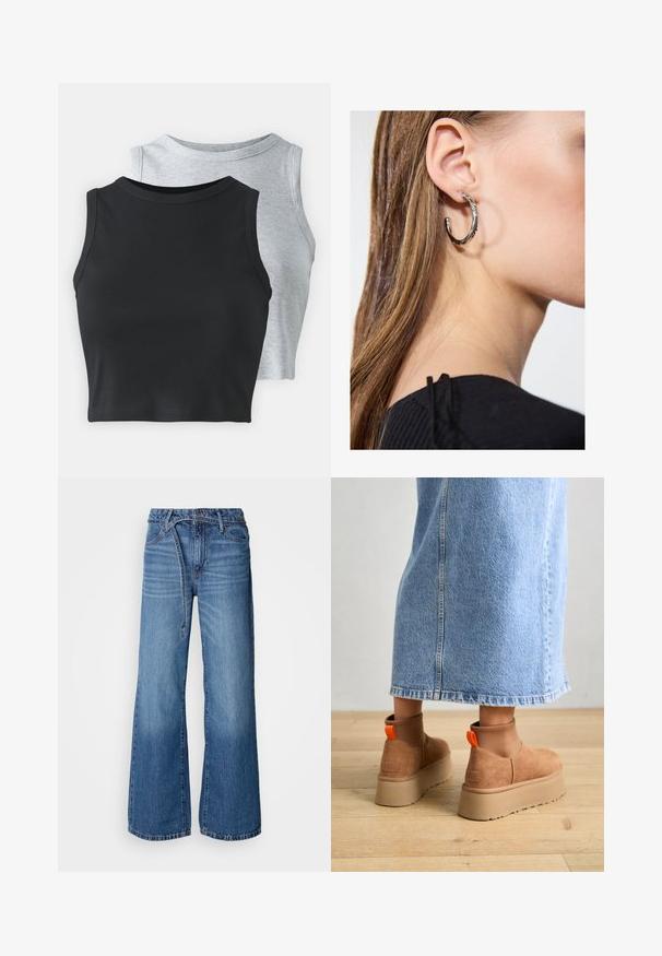 Even&Odd Petite 2 PACK - Top - light grey/black; Light blue wide-leg jeans made of denim. Features a high waist, visible stitching, and a tie belt. Faded texture towards the bottom.; Brown suede platform boots with elastic side panels and orange pull tabs, paired with a knee-length light denim skirt on a wooden floor.; Silver hoop earring with a polished finish, featuring small gold accent details and a round shape, worn on the lobe.